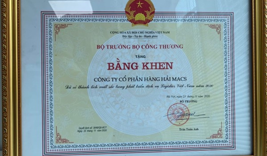 MACS vinh dự được nhận bằng khen có thành tích xuất sắc trong hoạt động phát triển dịch vụ Logistics Việt Nam năm 2020 của Bộ trưởng Bộ công thương 