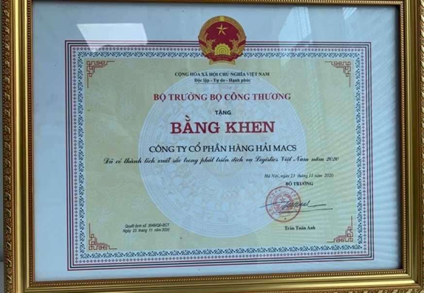 MACS received  Certificate for outstanding achievements in developing Vietnam Logistics services in 2020 from the Minister of Industry and Trade