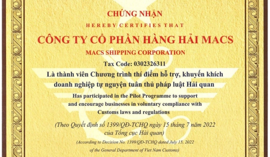 MACS được Tổng cục Hải quan trao giấy Chứng nhận là thành viên Chương trình thí điểm hỗ trợ, khuyến khích doanh nghiệp tuân thủ pháp luật Hải quan