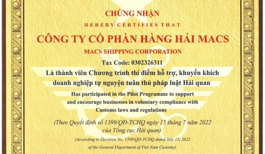 Macs được Tổng cục Hải quan trao giấy Chứng nhận là thành viên Chương trình thí điểm hỗ trợ, khuyến khích doanh nghiệp tuân thủ pháp luật Hải quan