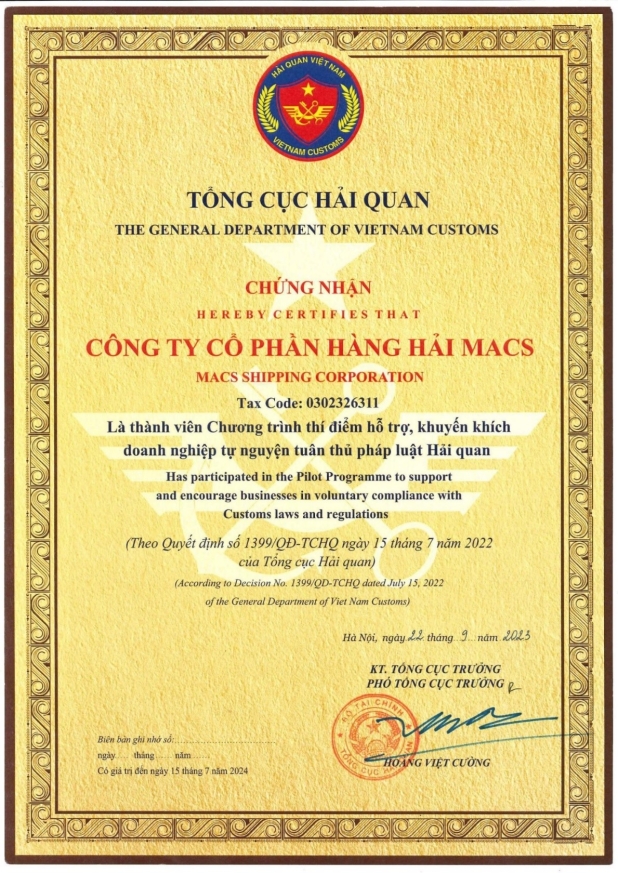 Certificate of MACS has participated in the Pilot Program to support and encourage businesses in voluntary compliance with customs laws and regulations