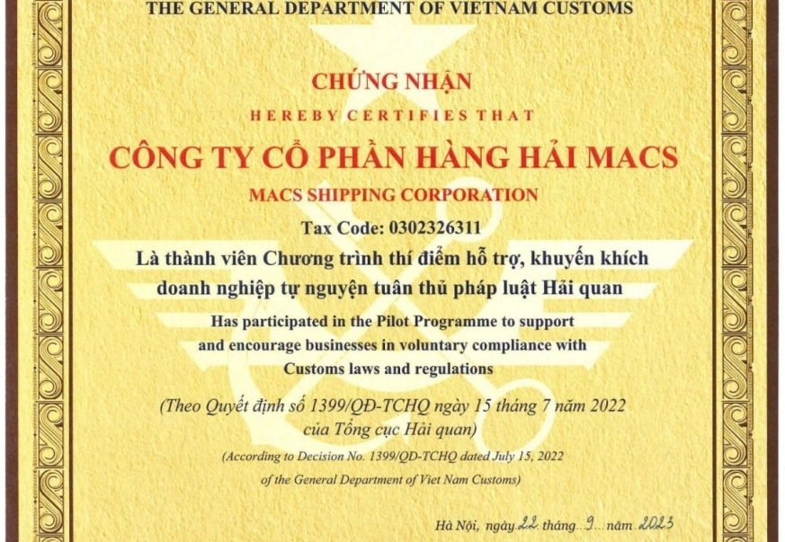 Macs được trao giấy chứng nhận là thành viên chương trình thí điểm hỗ trợ, khuyến khích doanh nghiệp tuân thủ pháp luật hải quan