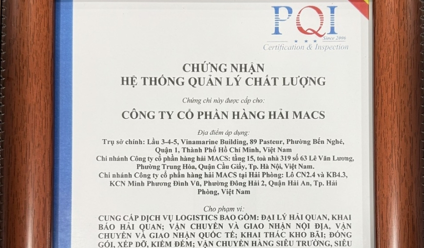 Công ty Cổ phần Hàng hải MACS đạt chứng nhận hệ thống quản lý chất lượng theo tiêu chuẩn ISO 9001:2015