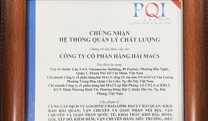 Công ty Cổ phần Hàng hải MACS đạt chứng nhận hệ thống quản lý chất lượng theo tiêu chuẩn ISO 9001:2015