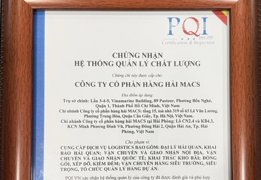 Công ty Cổ phần Hàng hải MACS đạt chứng nhận hệ thống quản lý chất lượng theo tiêu chuẩn ISO 9001:2015
