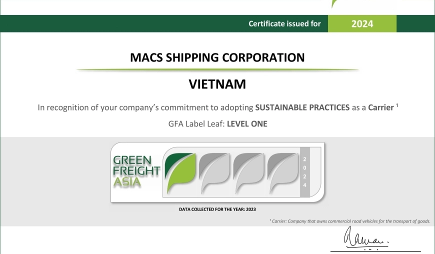 Công ty Cổ phần Hàng hải MACS vinh dự nhận Chứng chỉ Xanh Cấp độ 1 từ tổ chức Green Freight Asia (GFA)