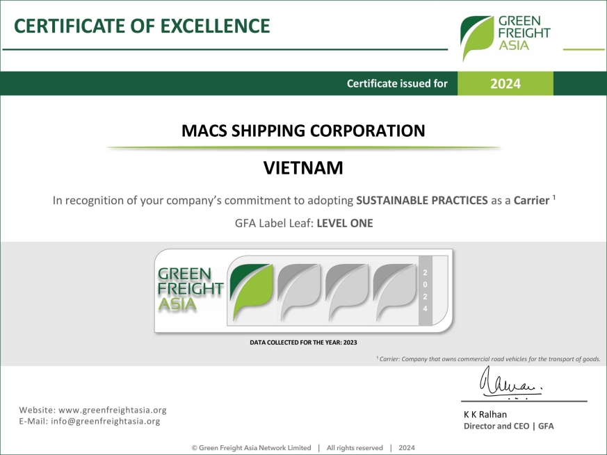 Công ty Cổ phần Hàng hải MACS vinh dự nhận Chứng chỉ Xanh Cấp độ 1 từ tổ chức Green Freight Asia (GFA)